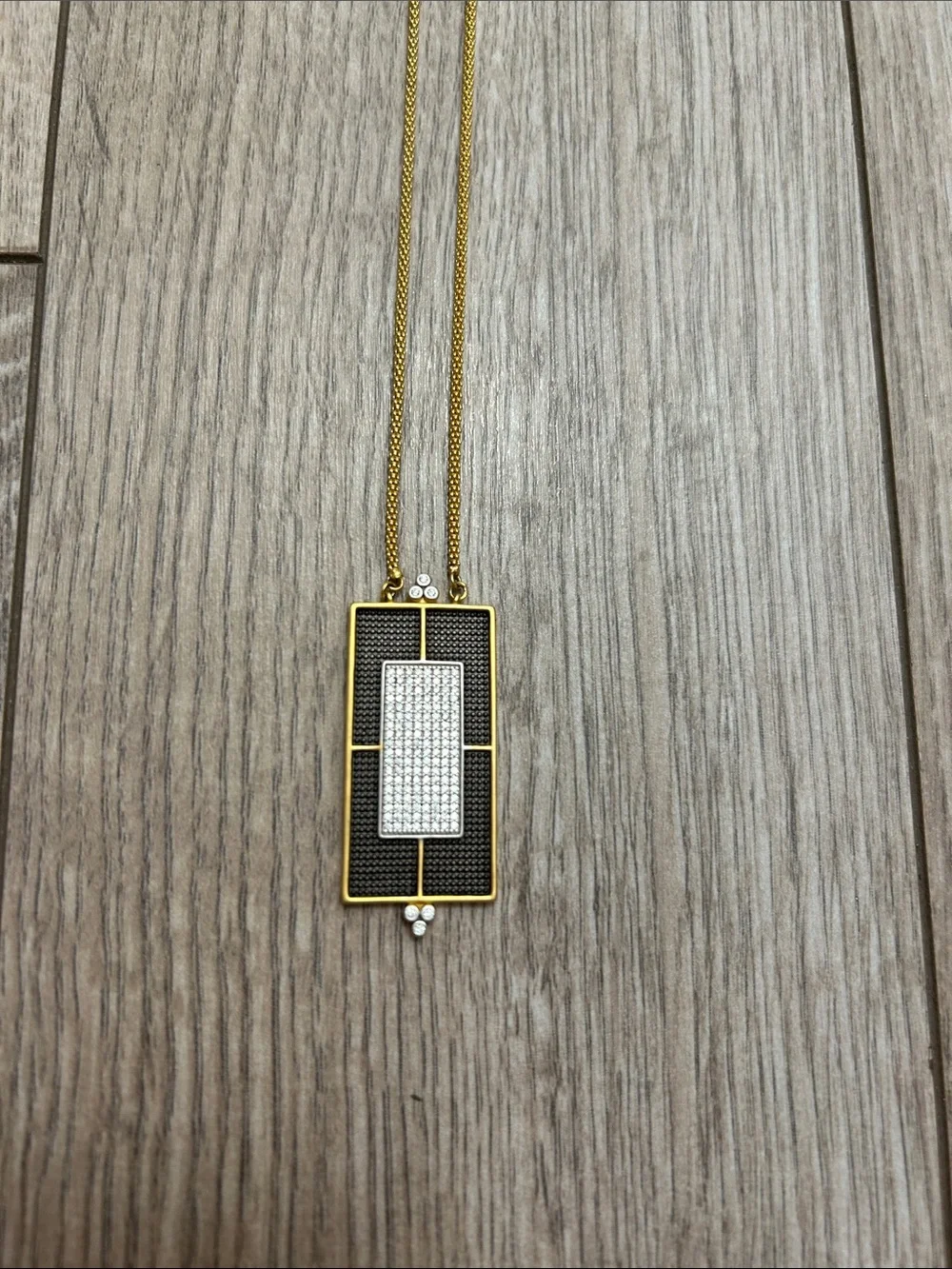 Freida Rothman Gold Rectangular Pave Pendant Necklace Black Silver Sparkle 925